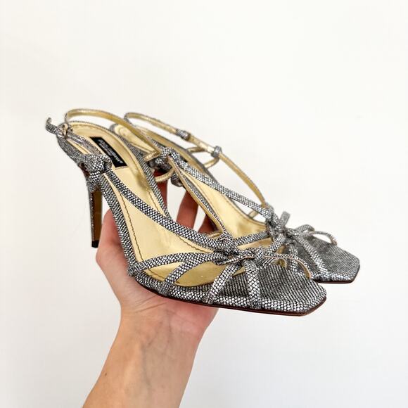 Dolce & Gabbana Tessuto Glitter Strappy Stiletto Sandals Silver 39 - Picture 1 of 8